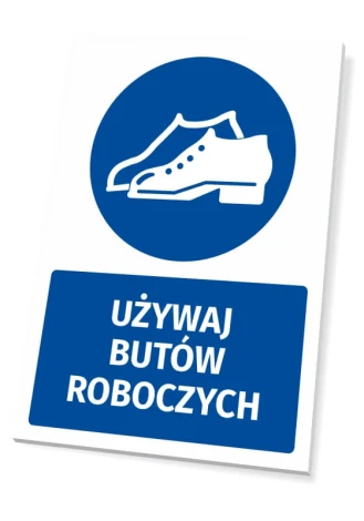 Safety sign with pictogram: Wear safety shoes - Graphic design. Round pictogram of shoes on a blue background. Text.