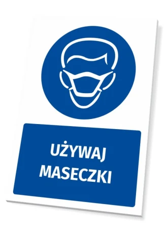 Safety sign with mask icon - Round blue graphic featuring a face wearing a mask.