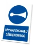 Safety sign with sound signal icon - round blue symbol with a trumpet and blue text.