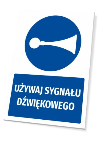 Safety sign with sound signal icon - round blue symbol with a trumpet and blue text.