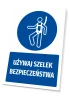 Safety sign with a pictogram: Use safety harnesses - Graphic design. Round pictogram shows a figure in a harness.
