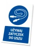 Safety sign with earplug icon - Round graphic design on a blue background.