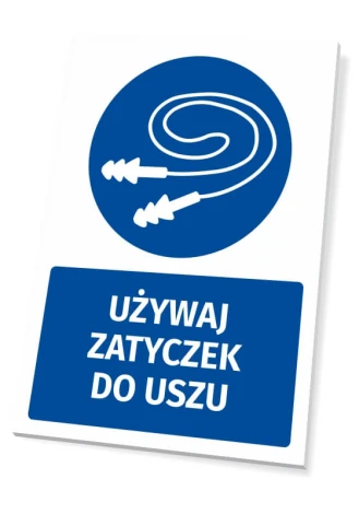 Safety sign with earplug icon - Round graphic design on a blue background.