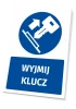 Safety sign with "Remove Key" icon. Round design featuring a key and arrow on a blue background.