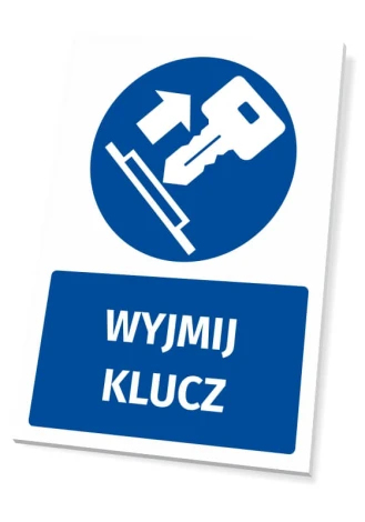 Safety sign with "Remove Key" icon. Round design featuring a key and arrow on a blue background.