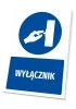 Safety sign with a graphic of a hand near a switch on a blue background. Round icon for emergency shut-off.