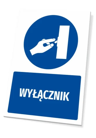 Safety sign with a graphic of a hand near a switch on a blue background. Round icon for emergency shut-off.