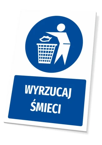 Safety sign with a pictogram for waste disposal. Round design shows a person throwing away trash.