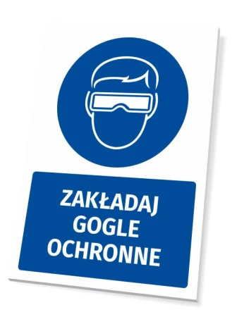 Safety sign with the icon "Wear Safety Goggles" - Round graphic featuring a figure wearing protective goggles.