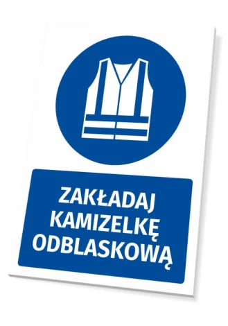 Safety sign with a pictogram: Wear a reflective vest - Round blue icon featuring a white vest.