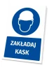 Safety sign with helmet icon - round graphic featuring a head in a helmet and text below.