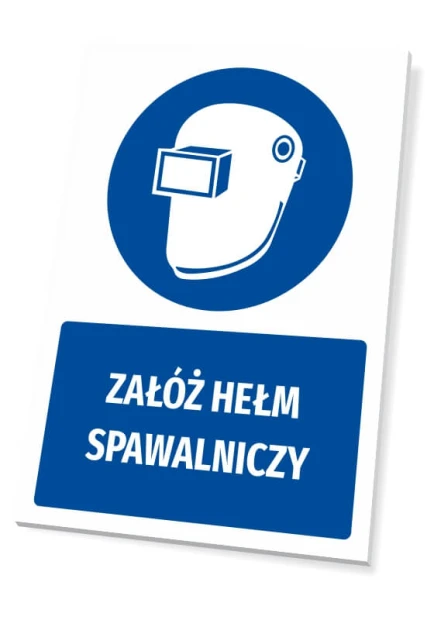 Safety sign with welding helmet icon - Round design featuring a welding helmet on a blue background.