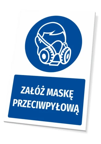 Safety sign with a pictogram: Wear a dust mask - Graphic design. Round pictogram featuring a dust mask silhouette.