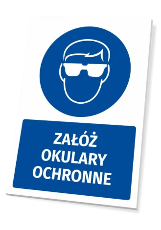 Safety sign with a pictogram: Wear safety glasses - Graphic design. Round icon featuring a figure with safety glasses.