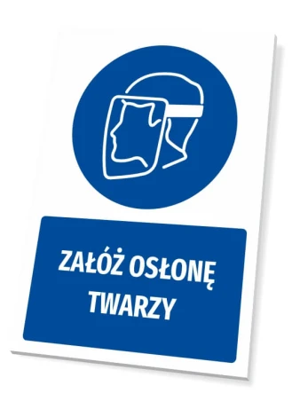 Safety sign with face shield icon - Round graphic featuring a head silhouette wearing a face shield.