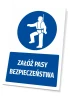 Safety sign with a pictogram: Wear seat belts - Graphic design. Round pictogram of a figure in a harness on blue background.