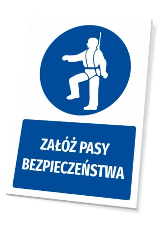 Safety sign with a pictogram: Wear seat belts - Graphic design. Round pictogram of a figure in a harness on blue background.