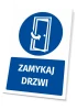 Safety sign with "Close the Door" pictogram. Round shape with blue background and white door graphic.