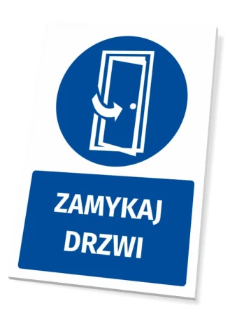Safety sign with "Close the Door" pictogram. Round shape with blue background and white door graphic.