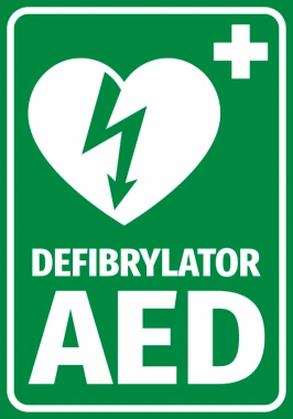 AED Defibrillator informational sticker - graphic design with a heart and lightning on a green background, large text DEFIBRILLATOR AED.