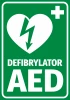 AED Defibrillator informational sticker - graphic design with a heart and lightning on a green background, large text DEFIBRILLATOR AED.