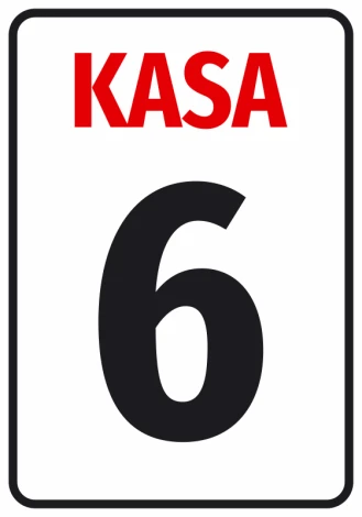 Informational sticker for cash registers - Graphic design. Large red number 6 on a white background, surrounded by black.