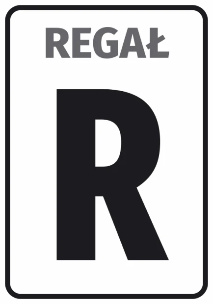 Informational sticker for shelf labeling - Graphic design with a large black letter R on a white background.
