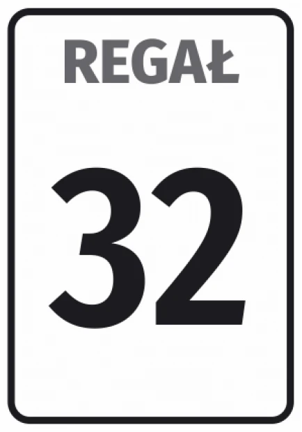 Informational sticker for shelf labeling - Graphic design. Rectangle with white background, black text SHELF 32.