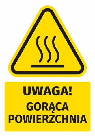 Warning safety sticker with a hot surface icon - graphic design. Yellow triangle with black waves.