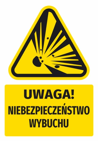 Warning safety sticker with explosion hazard pictogram - graphic design. Triangle with black symbol.