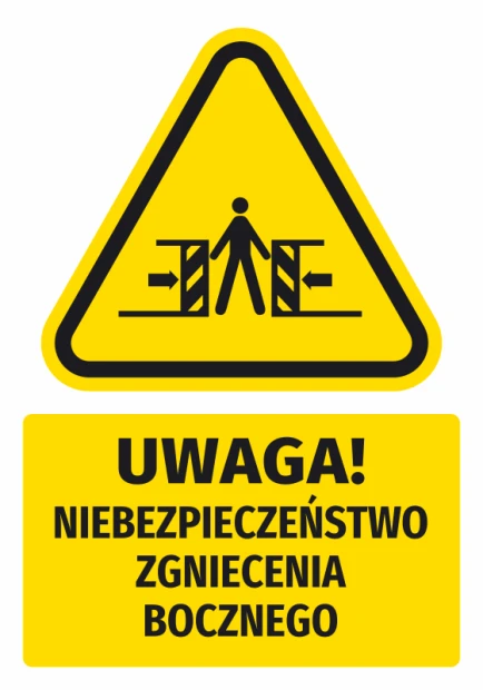 Warning safety sticker with a pictogram: Caution! Risk of side crushing - Graphic design. Triangular shape.