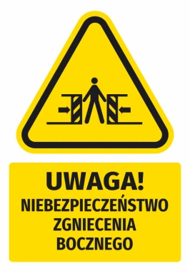 Warning safety sticker with a pictogram: Caution! Risk of side crushing - Graphic design. Triangular shape.
