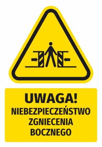 Warning safety sticker with a pictogram: Caution! Risk of side crushing - Graphic design. Triangular shape.