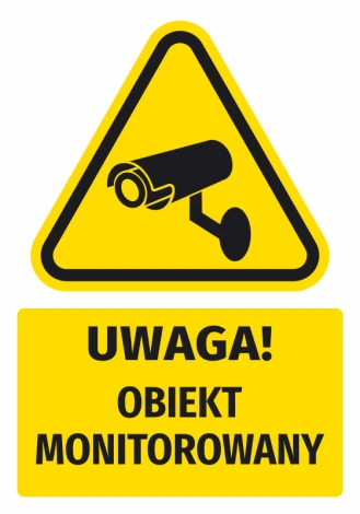 Warning safety sticker with a monitored object icon. Yellow triangle with a black camera design.