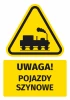 Warning safety sticker with a train vehicle icon. Yellow triangle with black graphic design.