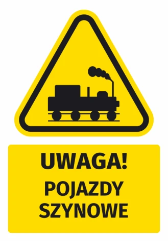 Warning safety sticker with a train vehicle icon. Yellow triangle with black graphic design.