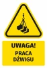 Warning safety sticker with crane icon - triangular shape, yellow background, black crane design.