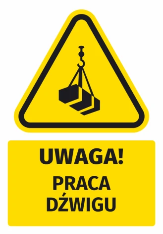 Warning safety sticker with crane icon - triangular shape, yellow background, black crane design.
