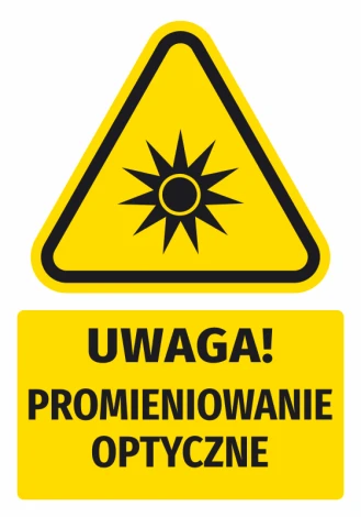 Warning safety sticker with optical radiation icon - triangular graphic design.