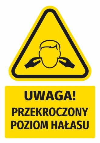 Warning safety sticker with a noise level alert pictogram. Triangular shape in black design.