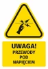 Warning safety sticker with a symbol: Caution! Live wires - Graphic design. Triangle with hand and lightning bolts.