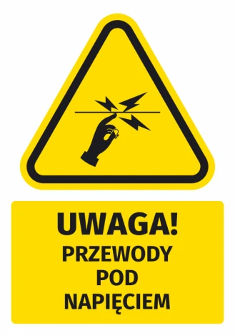 Warning safety sticker with a symbol: Caution! Live wires - Graphic design. Triangle with hand and lightning bolts.