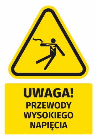 Warning safety sticker with high voltage icon. Triangular shape in black design.