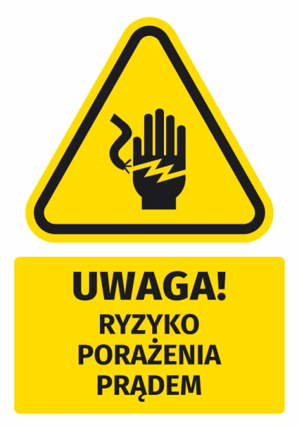 Warning safety sticker with a caution symbol for electric shock risk - graphic design. Triangle with hand and lightning, text.