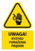 Warning safety sticker with a caution symbol for electric shock risk - graphic design. Triangle with hand and lightning, text.