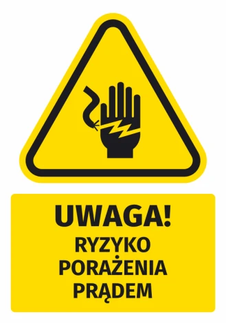 Warning safety sticker with a caution symbol for electric shock risk - graphic design. Triangle with hand and lightning, text.