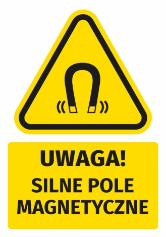 Warning safety sticker with a strong magnetic field pictogram. Yellow triangle with black symbol.