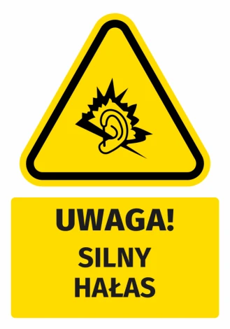 Warning safety sticker with a strong noise icon - triangular design featuring an ear symbol.