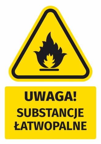 Warning safety sticker with flammable substances icon. Triangle with fire on yellow background, text included.