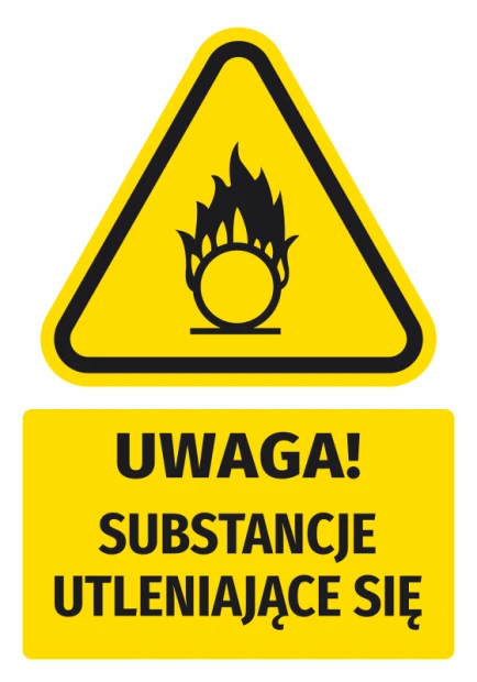 Warning safety sticker with a pictogram: Attention! Oxidizing substances - graphic design. Triangle with flame above.